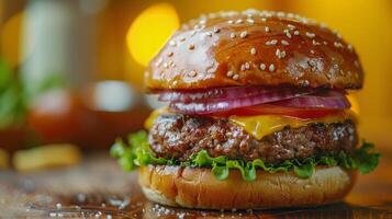 ai generado clásico hamburguesa con cebollas, queso, y lechuga foto