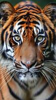 ai generado intenso mirar fijamente cerca arriba de un tigres cara foto