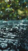 AI generated Water Drop Close Up With Trees in Background photo