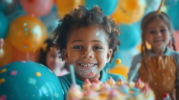 ai generado pequeño niña en pie en frente de cumpleaños pastel foto