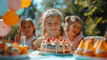 AI generated Little Girl Standing in Front of Birthday Cake photo