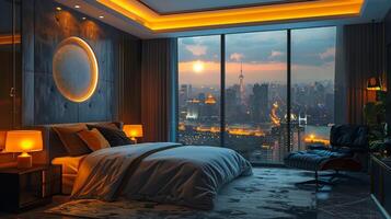 AI generated Bedroom Overlooking City Lights photo