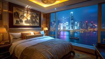 AI generated Bedroom Overlooking City Lights photo