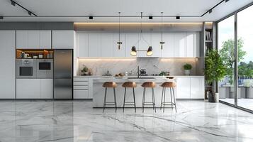 AI generated Elegant Kitchen With Marble Floors and White Cabinets photo