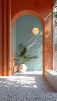 AI generated Bold Orange and Blue Hallway With Palm Tree photo