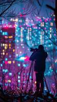 AI generated Person Taking Picture of City at Night photo