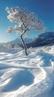 ai generado solitario árbol en pie en Nevado campo foto