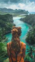 AI generated Woman Standing on Bridge Looking at River photo