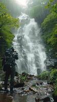 AI generated Man Standing in Front of Waterfall photo