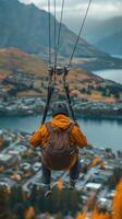 AI generated Person Riding Zip Line Over City photo