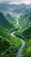 ai generado río fluido mediante lozano verde Valle foto