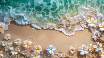 ai generado aéreo ver de playa con flores en arena foto