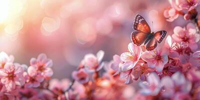 ai generado mariposa encaramado en parte superior de rosado flores foto