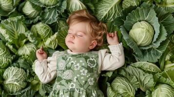 ai generado bebé dormido en cobija rodeado por verde hojas foto