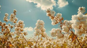 AI generated Field of Cotton Plants Under Blue Sky photo