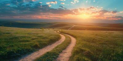 AI generated Dirt Road Cutting Through Lush Green Field photo