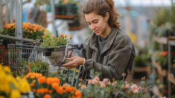 ai generado mujer observando flores en flor tienda foto