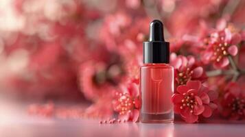 Bottle of Liquid With Flowers in Background photo