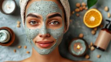 Woman Wearing Towel Head Wrap and Face Mask photo