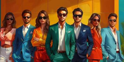 Vibrant Painting of a Group in Colorful Outfits photo