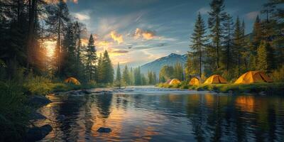 A Painting of a Camp Site by a Stream photo