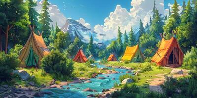 un pintura de un acampar sitio por un corriente foto