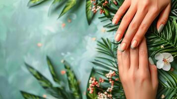 mujeres mano con rosado manicura foto