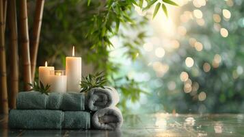 toallas y velas arreglado en mesa por bambú árbol foto