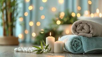 Towels and Candles on a Bathroom Table photo