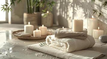 Towels and Candles on a Bathroom Table photo