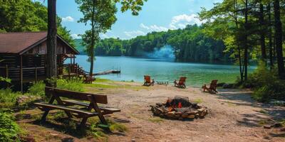 A Painting of a Camp Site With a Fire Pit photo