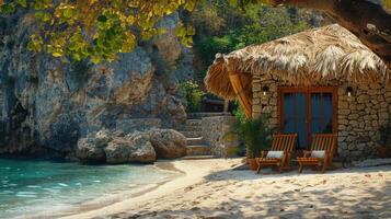 Thatched Roof Hut Beside Water photo