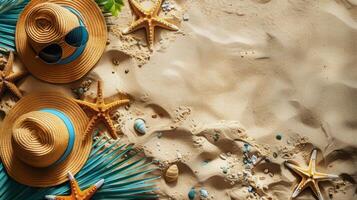 Two Hats and Starfish on a Sandy Beach photo