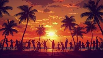 grupo de personas en pie en parte superior de un playa debajo palma arboles foto