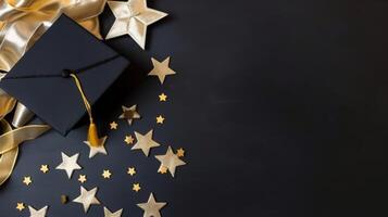 Graduation Cap and Gold Stars on Black Background photo