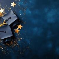 Graduation Cap and Stars on Blue Background photo