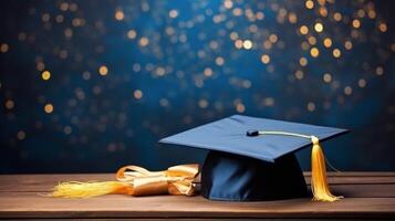 Graduation Cap and Gold Stars on Black Background photo