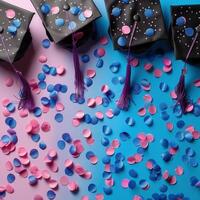 Graduation Caps and Confetti on Blue and Pink Background photo