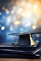 Graduation Cap and Stars on Blue Background photo