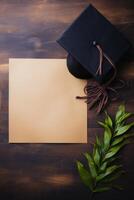 graduación gorra y diploma en de madera mesa foto