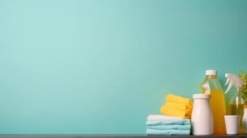 Table Covered With Cleaning Supplies photo