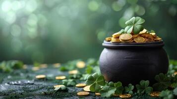 Pot Full of Gold Coins on Table photo