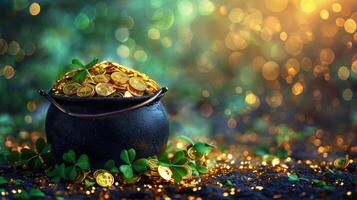 Pot Full of Gold Coins on Table photo