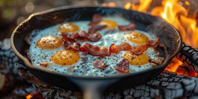 fritura pan lleno con huevos y tocino foto