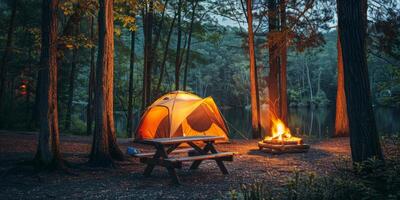 Tent Set Up in Forest Clearing photo