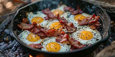 fritura pan lleno con huevos y tocino foto