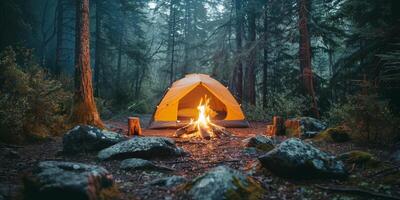 Tent Set Up in Forest Clearing photo