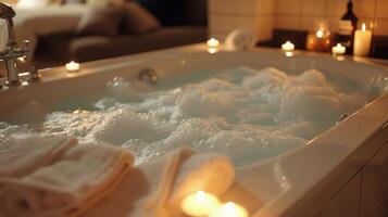 Bathtub Filled With Candles Next to Window photo