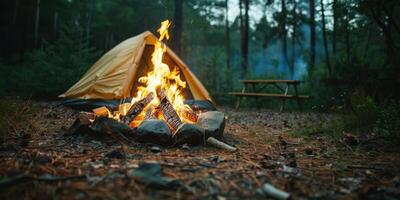 hoguera ardiente en bosque con tienda en antecedentes foto