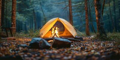 Tent Set Up in Forest Clearing photo